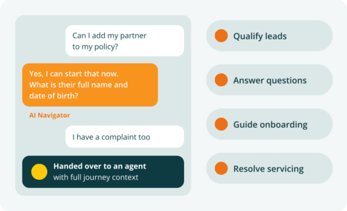 AI Navigator answers a customer on WhatsApp and hands over to an agent with full journey context